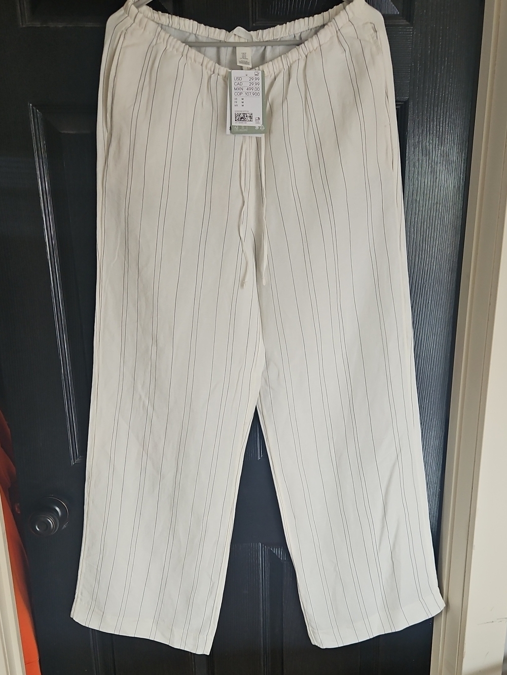 Women's White Pinstripe Linen Elastic Waist Pants